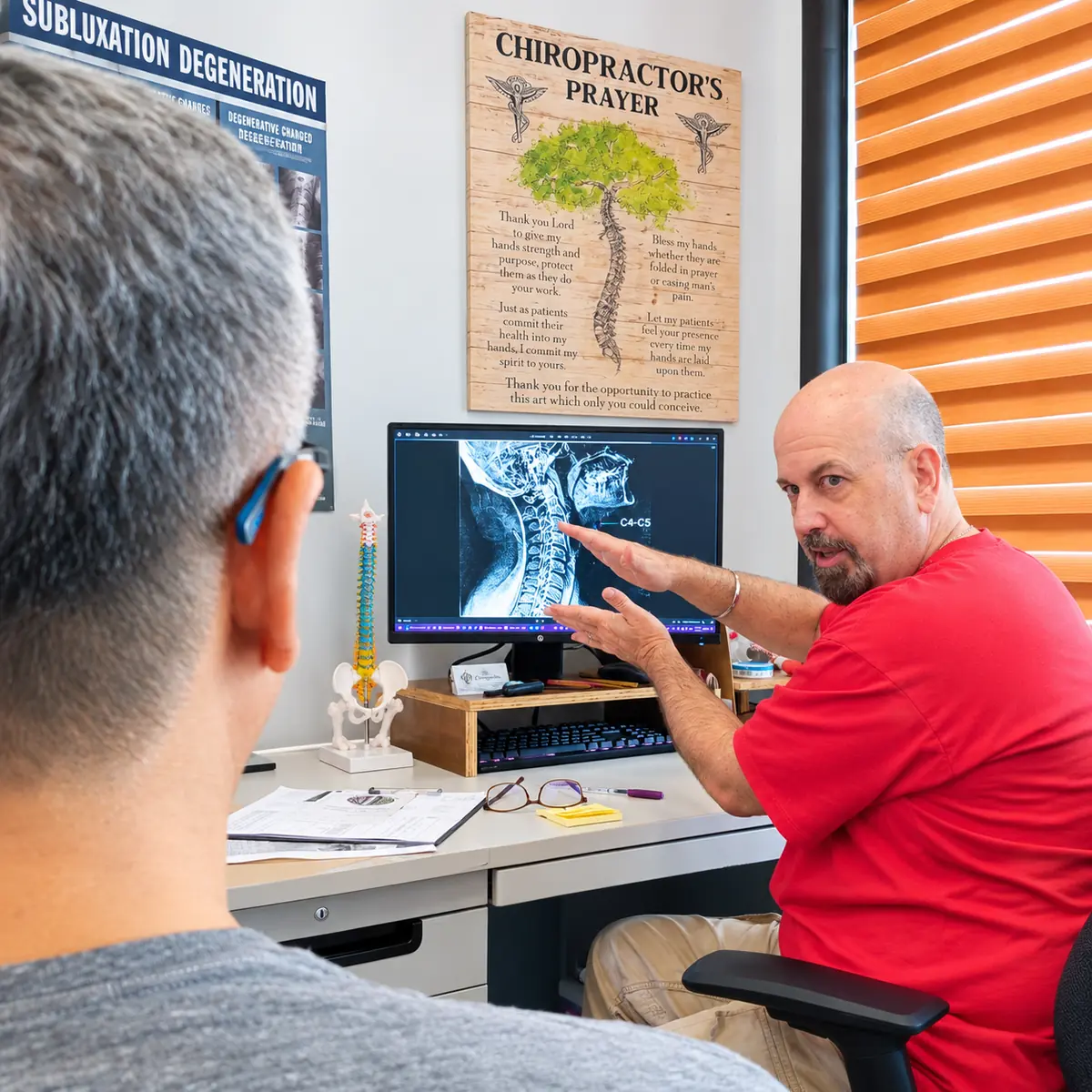 Dr. Steven Poppaw explaining examination findings to a patient
